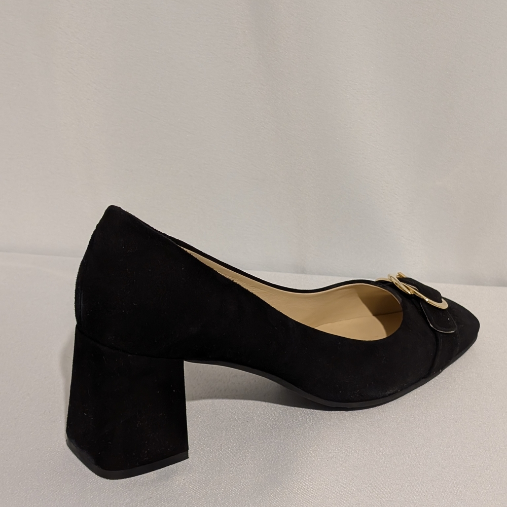 Ron White Black Suede Block Heel Pumps - Gold Buckle Detail - Size 41